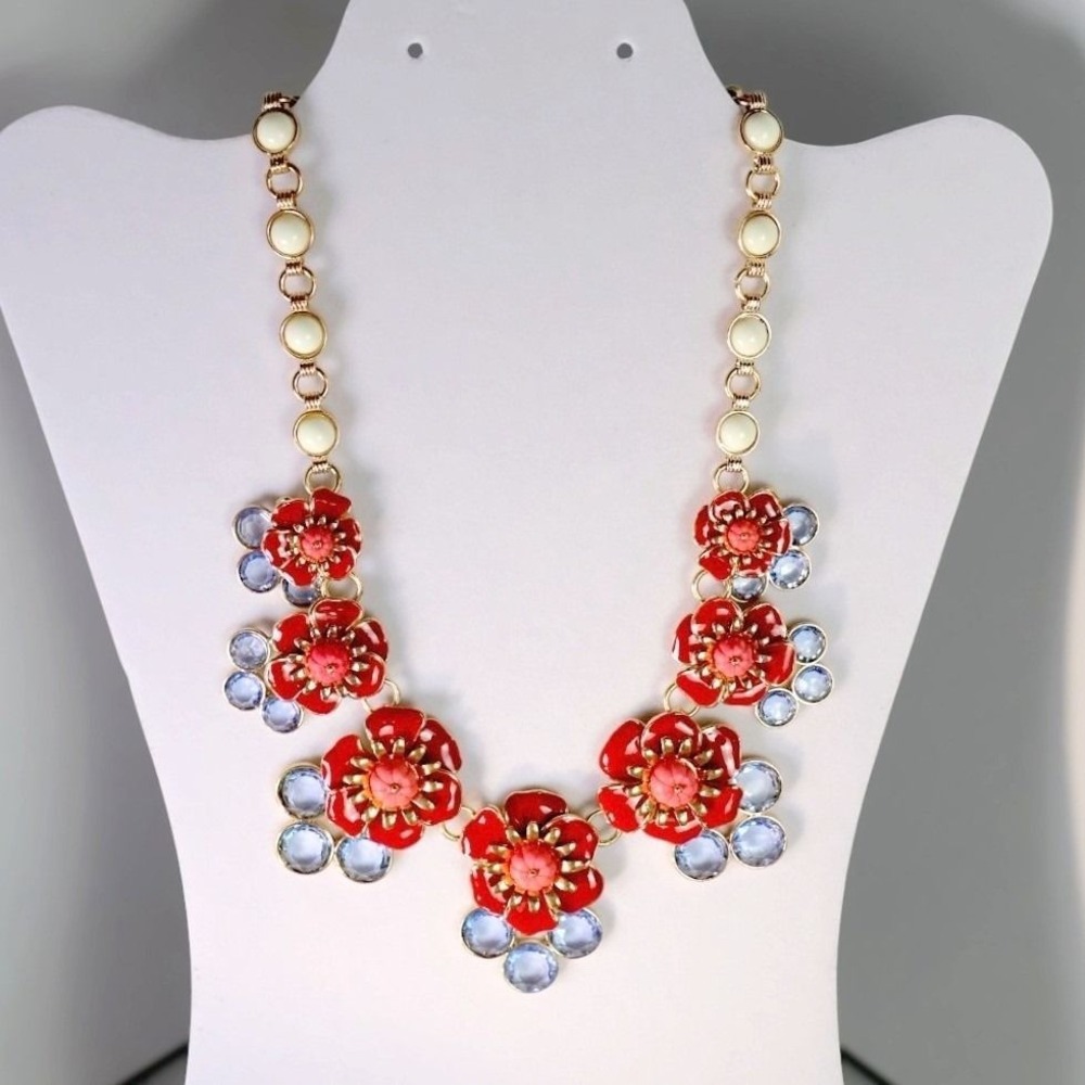 Talbots NOS Red Enamel Ice Blue Crystal Gold Tone Floral Statement Necklace